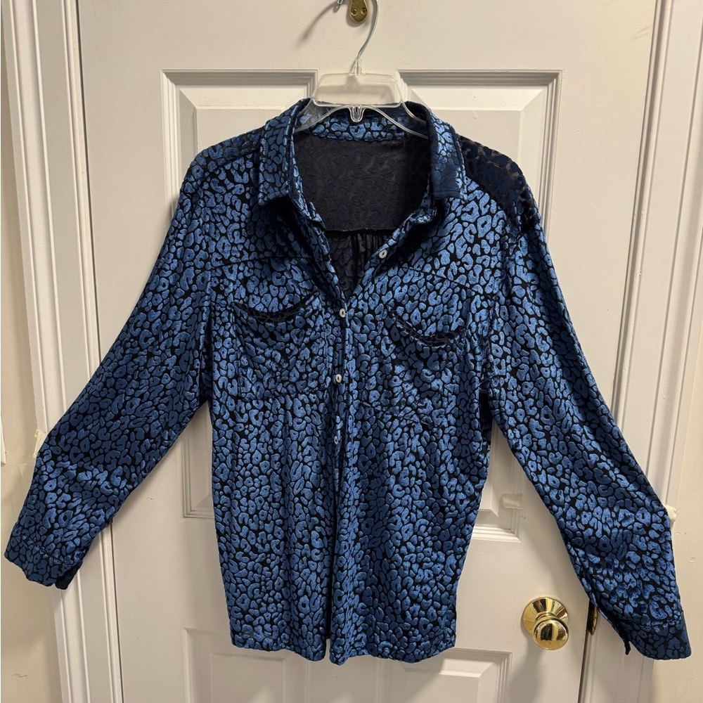 Blue Leopard Print Button-Up Shirt